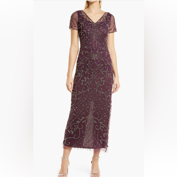 Size 12 Pisarro Nights Beaded Mesh Column Gown - Picture 1 of 7